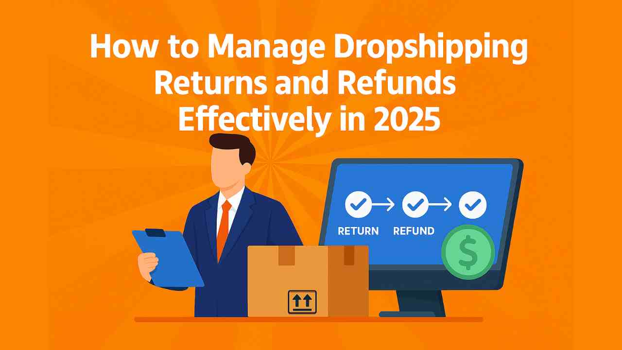 Flat-style illustration showing a business professional beside a computer screen with a return and refund process flowchart and a package, representing dropshipping returns management in 2025