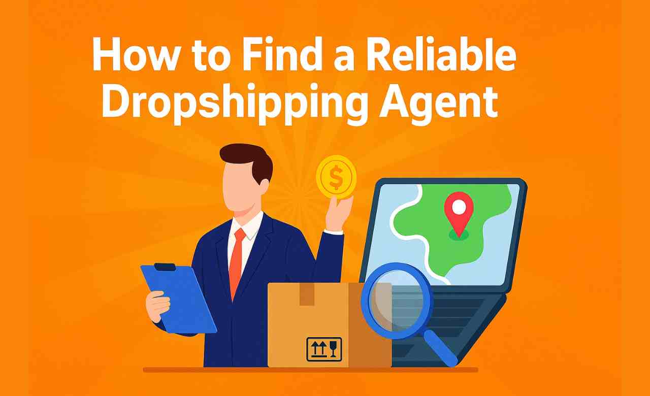 Flat-style digital illustration showing a businessman with a clipboard, a package, a magnifying glass, and a location map on a laptop, representing the process of finding a reliable dropshipping agent