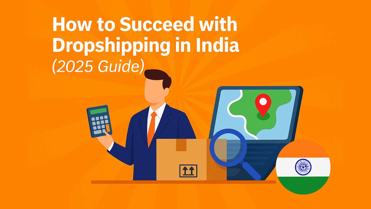 Colorful digital illustration showing a laptop with Indian Rupee symbols, shopping icons, and shipping elements representing dropshipping success in India